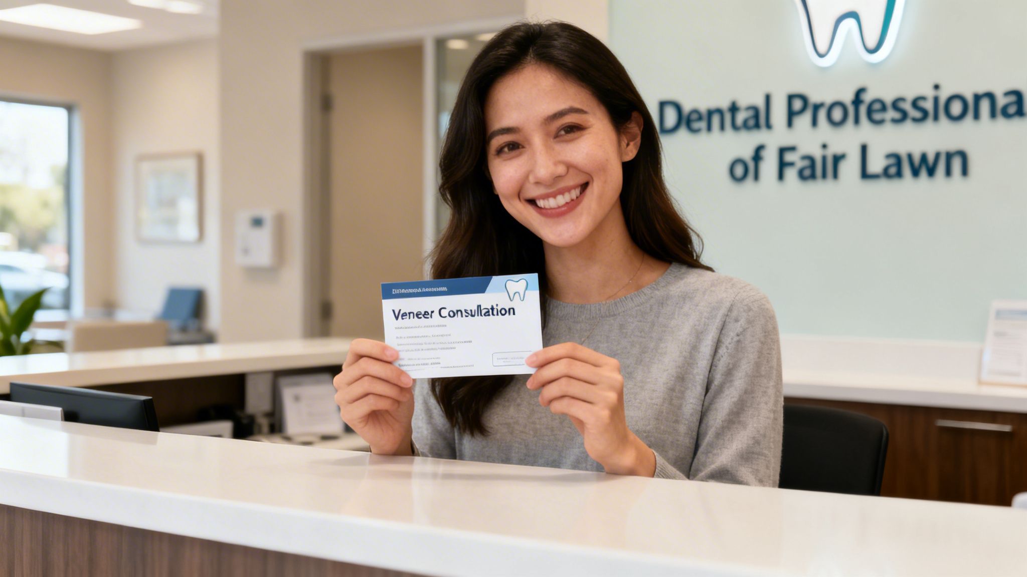 A smiling woman in a dental office holds a card offering a 'Veneer Consultation'.