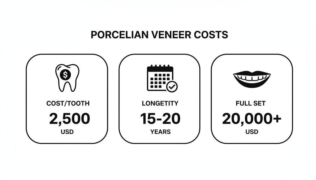 Infographic detailing porcelain veneer costs: $2,500 per tooth, 15-20 years longevity, and $20,000+ for a full set.