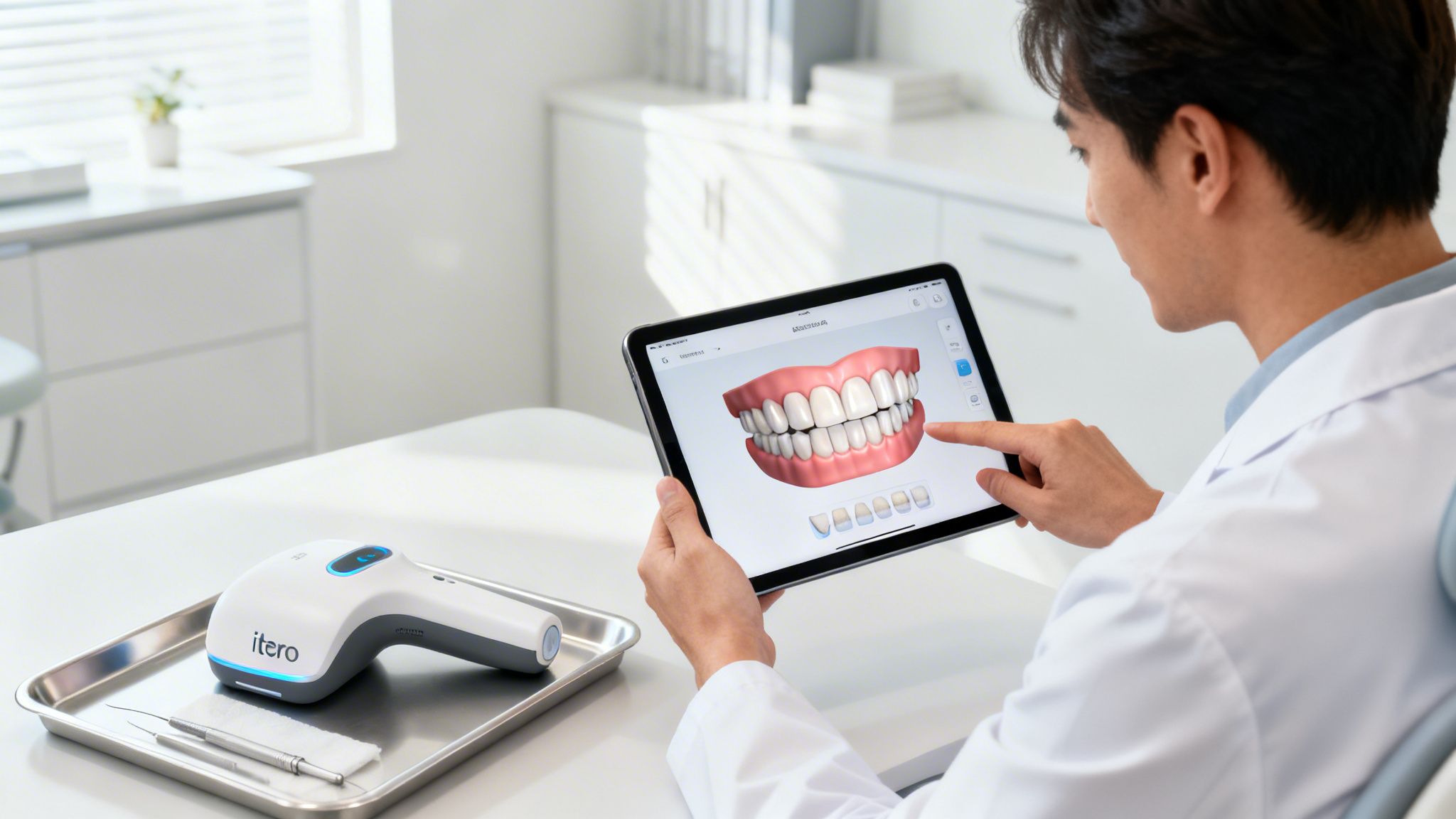 A dentist uses a tablet showing a 3D teeth model, with a dental scanner on the table.