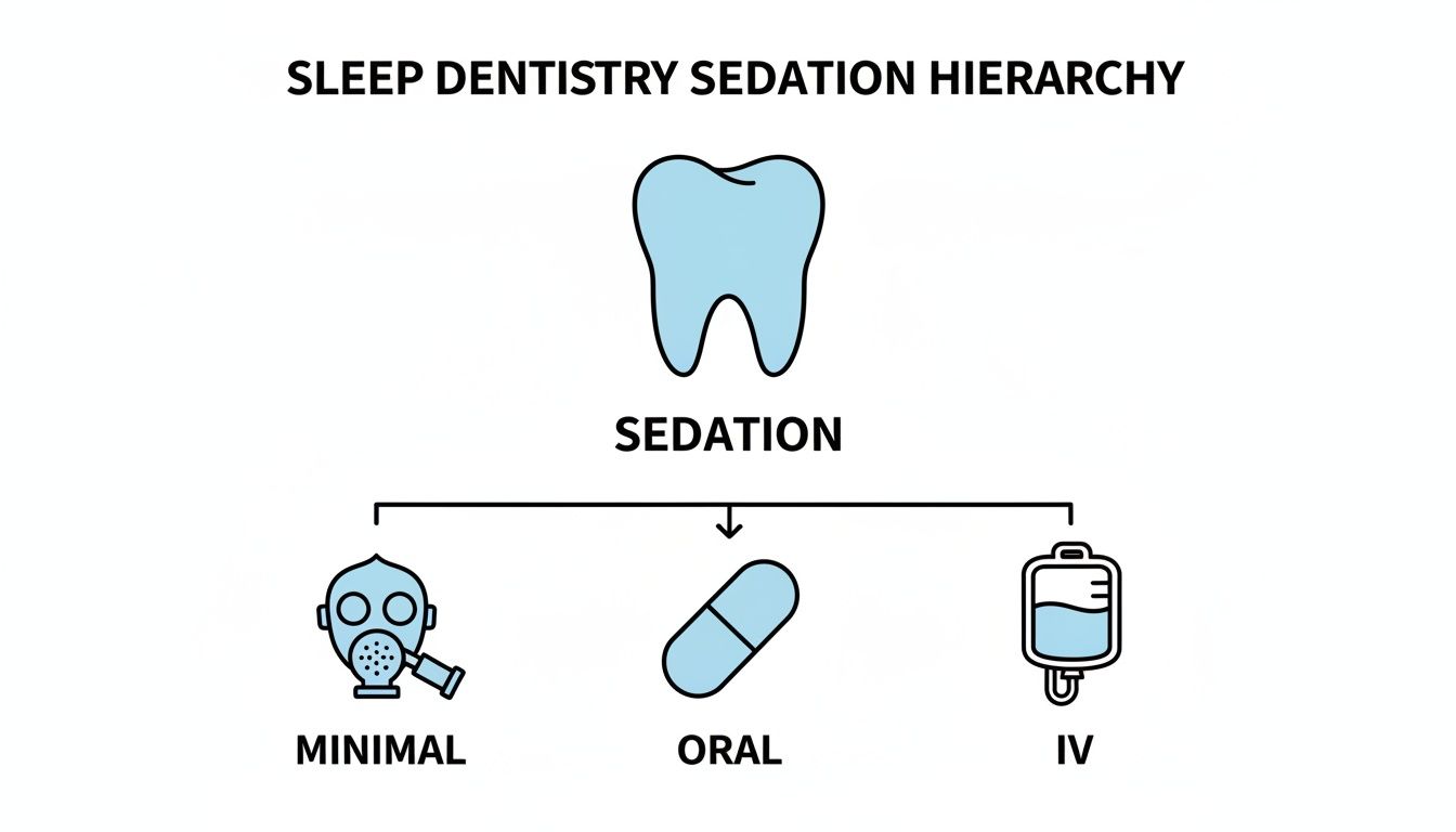 Infographic showing sleep dentistry sedation hierarchy: minimal (gas mask), oral (pill), and IV (bag) options.