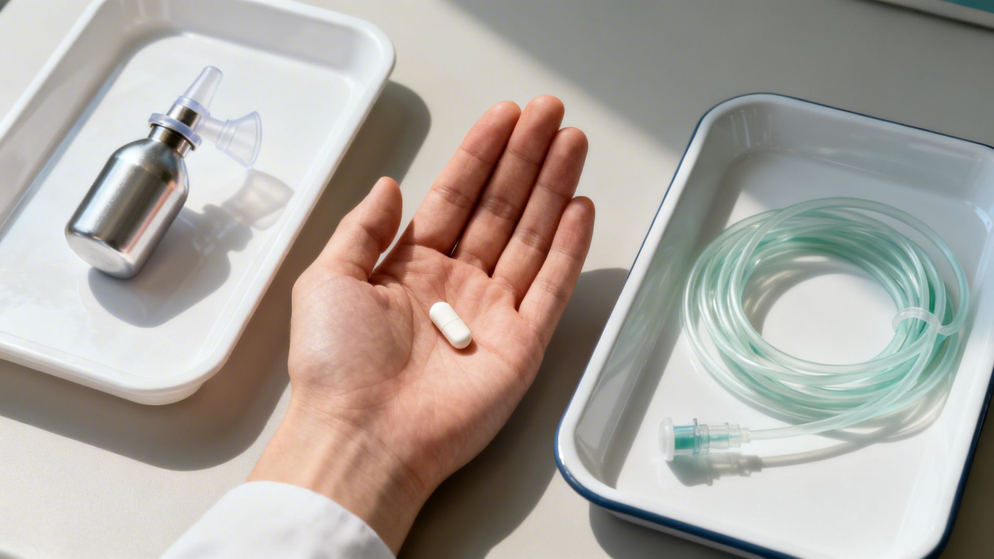 A hand holds a white capsule pill, surrounded by medical supplies in white trays.