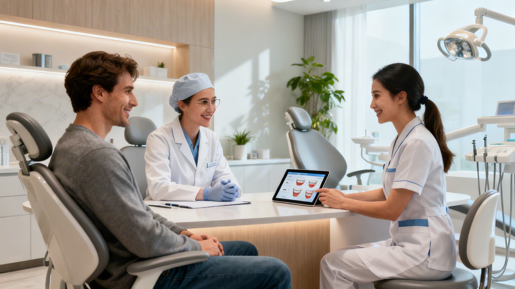 Smiling patient consults with two female dental professionals in a modern clinic, reviewing treatment plans on a tablet.