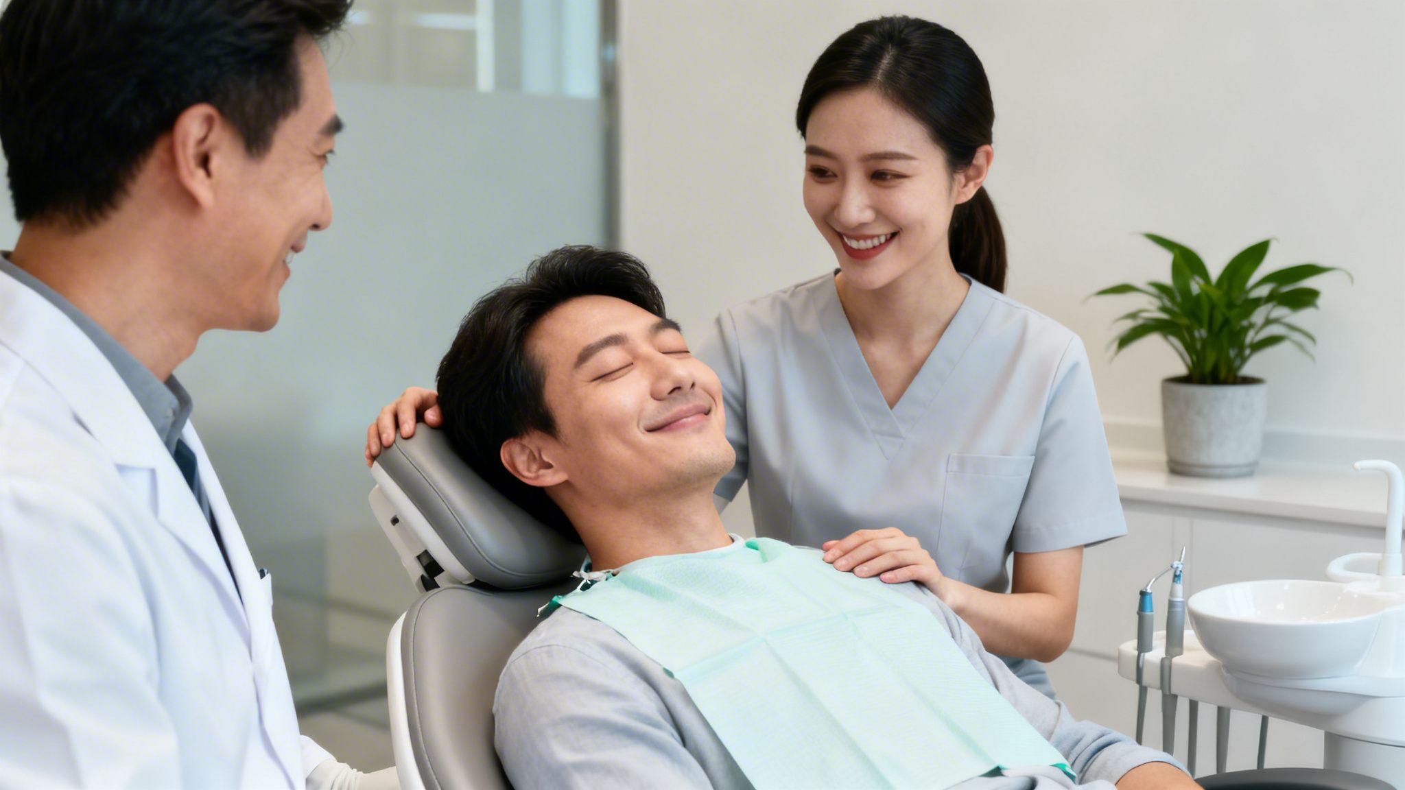 A male patient relaxed in a dental chair with eyes closed, attended by two smiling dental professionals.