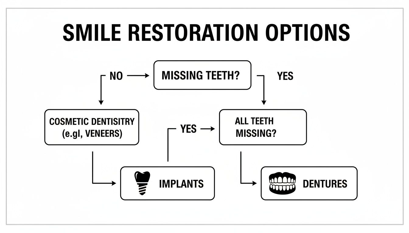 A flowchart outlining smile restoration options, starting with missing teeth, leading to cosmetic dentistry, implants, or dentures.