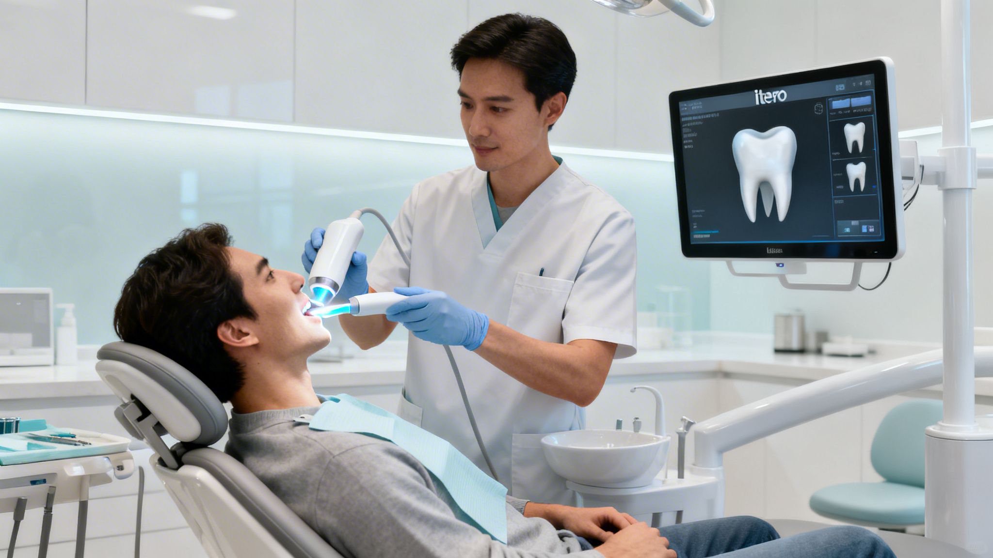 A dentist scans a patient's teeth with an iTero intraoral scanner in a modern dental office.