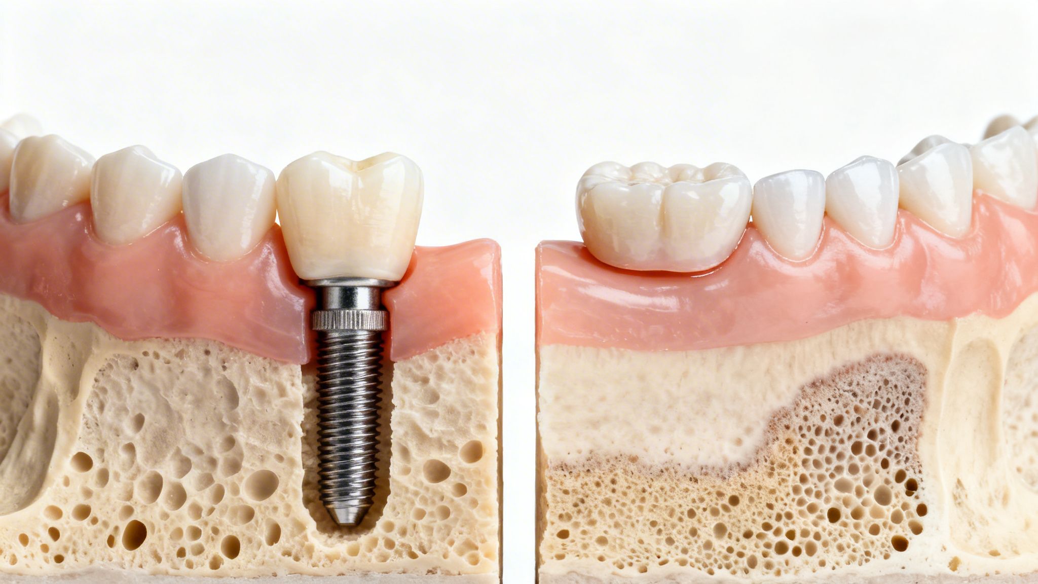 Close-up cross-section dental models comparing a robust dental implant in jawbone with natural teeth.