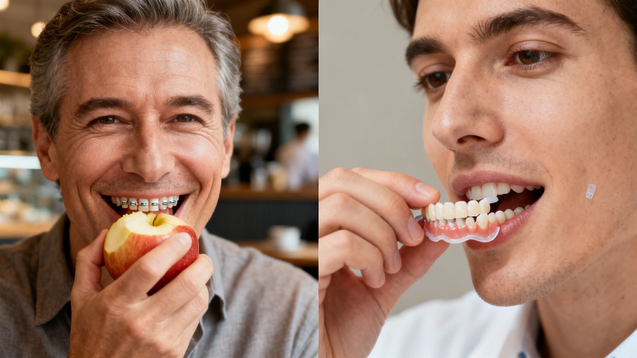 A smiling man with braces eating an apple and another man holding a partial denture.