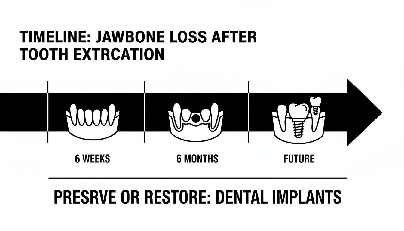 Timeline illustrating jawbone loss progression after tooth extraction and solution with dental implants.