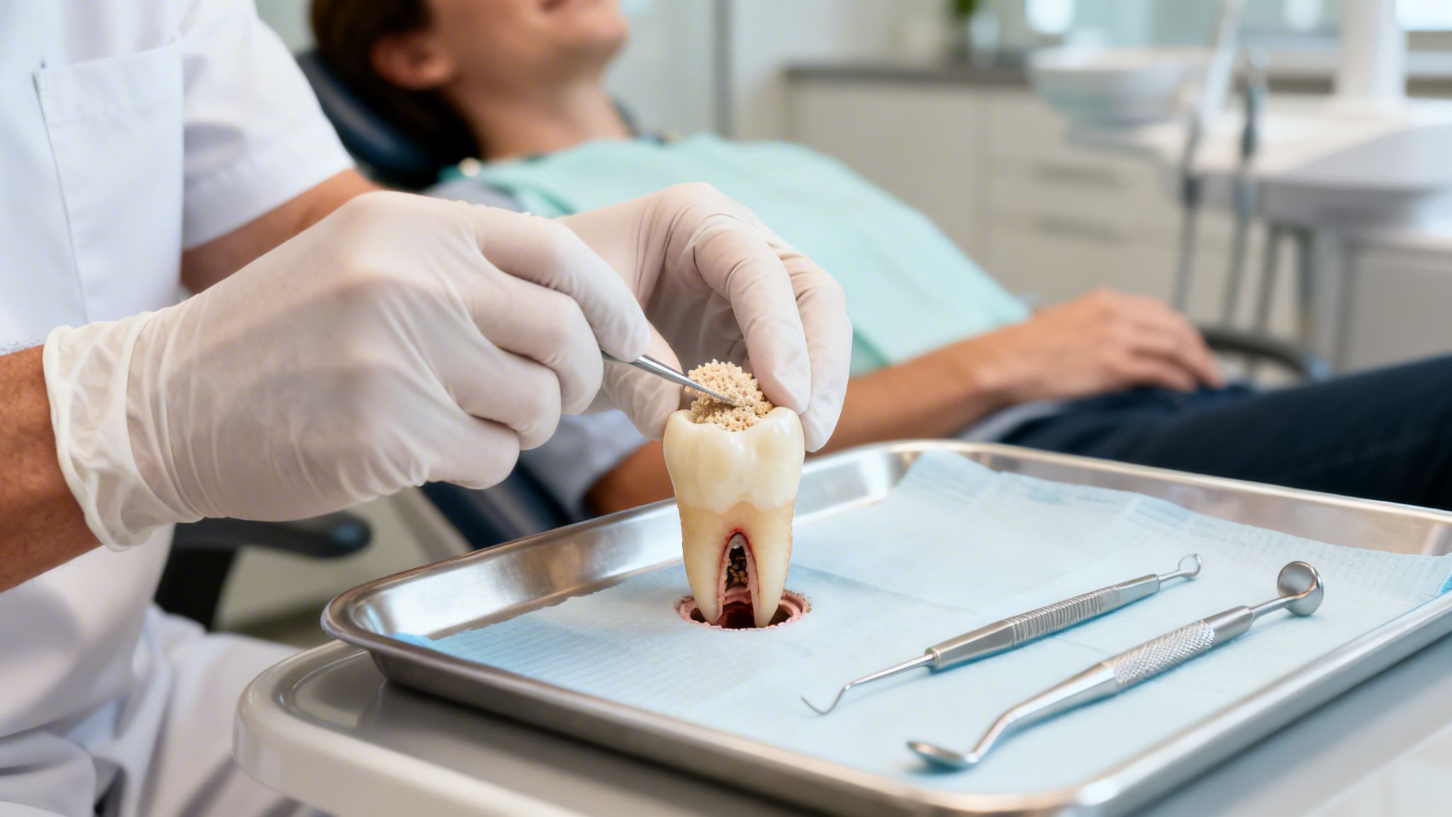 Dentist's gloved hands demonstrating a bone graft procedure on a tooth model with dental tools on a tray.