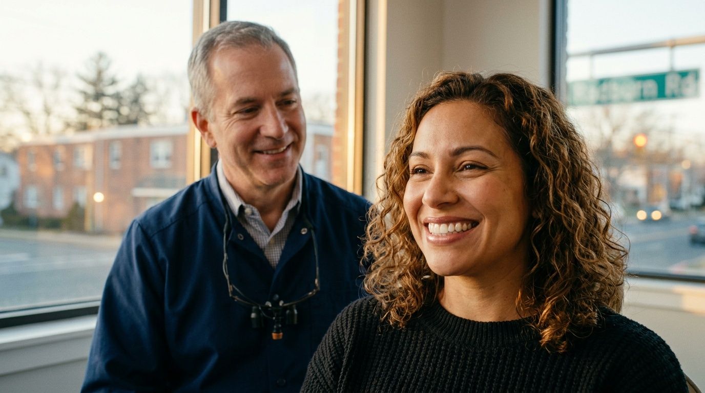 A smiling patient looks happy after a consultation with her dentist in a professional clinic office setting.
