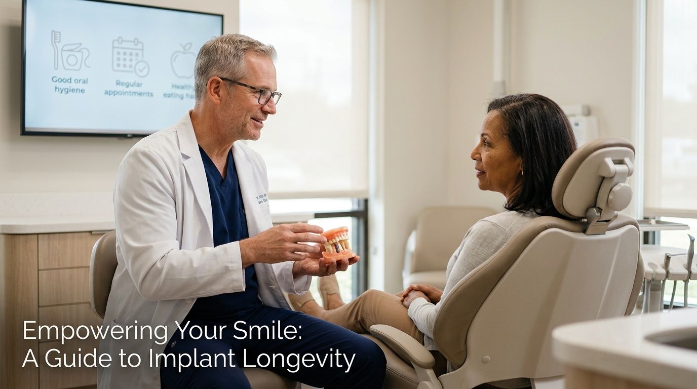 A dentist explains dental implant care to a patient while holding a model of teeth and implants.