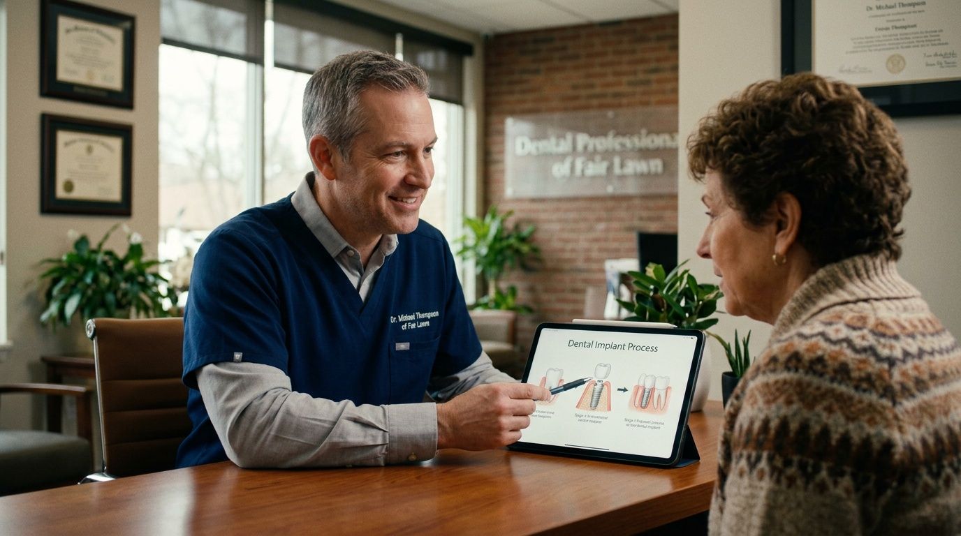A friendly dentist explaining the dental implant procedure to a patient using a tablet in an office.