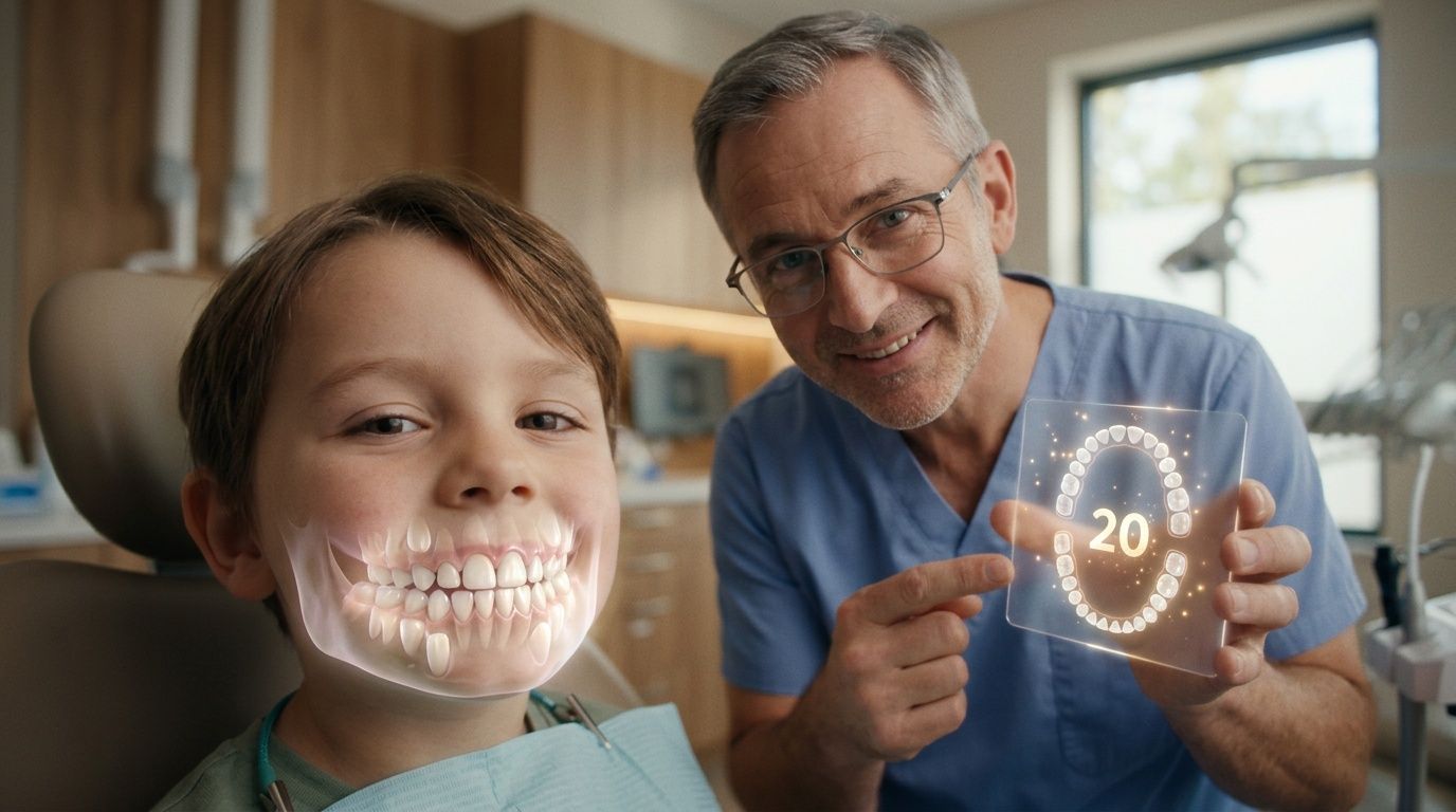 A friendly dentist points to a holographic diagram showing a child's twenty primary baby teeth.