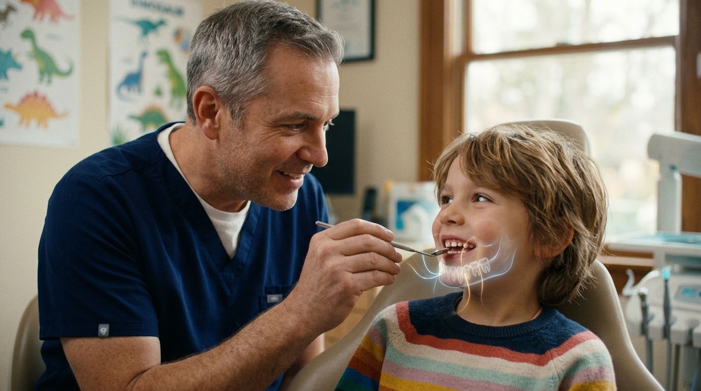 A friendly dentist examining a young boy's teeth with a dental mirror in a colorful pediatric office.