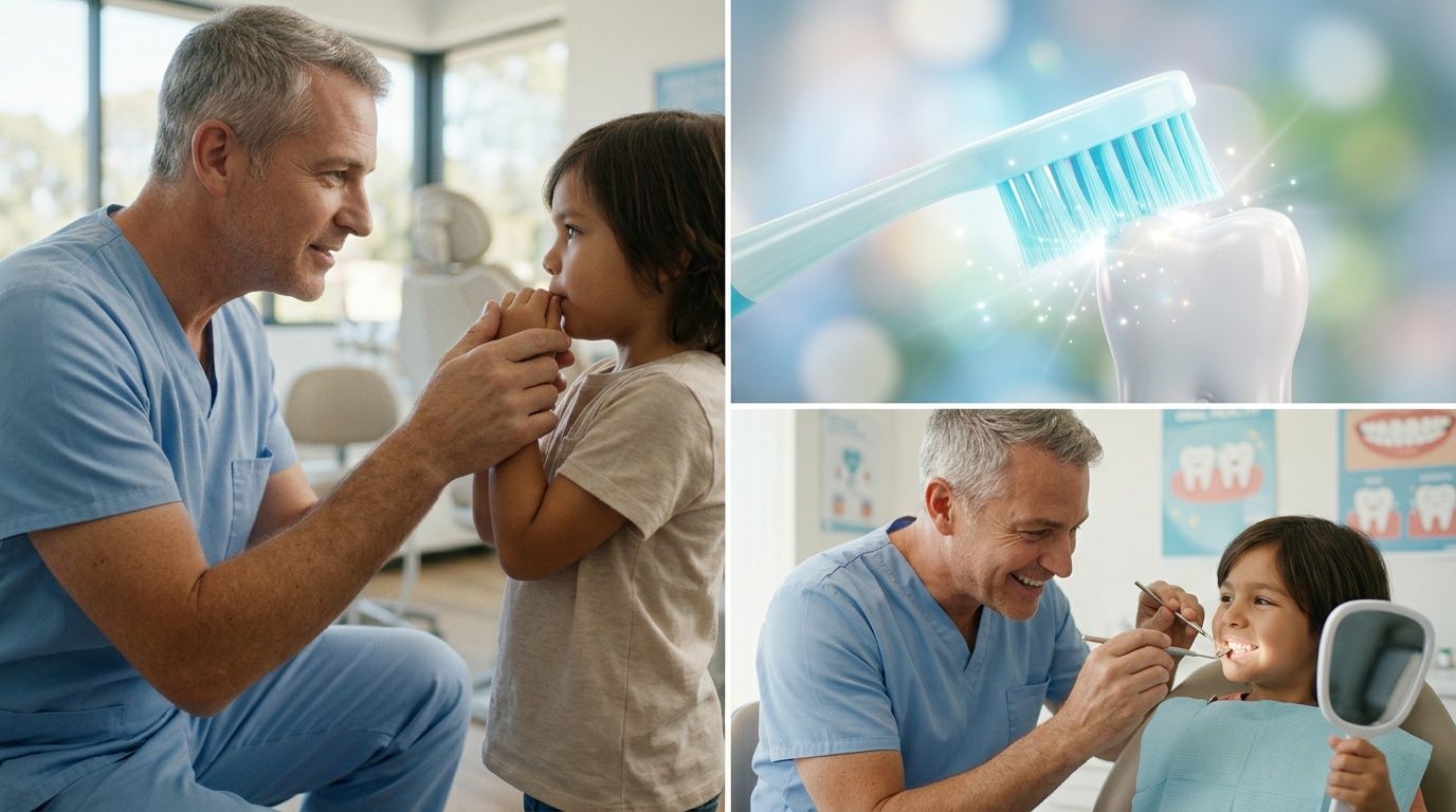 A friendly dentist comforts a young child before an examination with a clean toothbrush and dental tools.