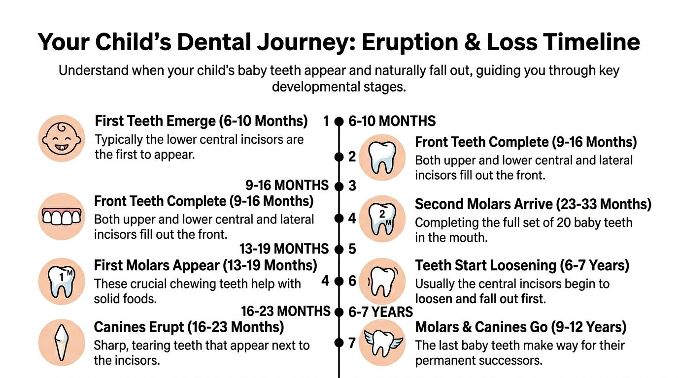 A timeline graphic showing the typical emergence and loss stages of a child's baby teeth over time.