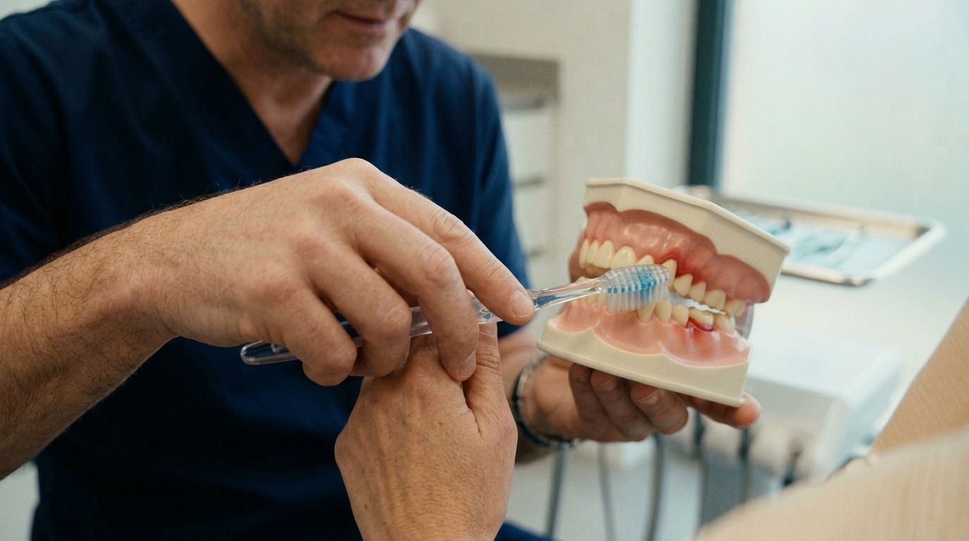 A dentist demonstrating proper tooth brushing technique on a dental model to explain gum bleeding causes.