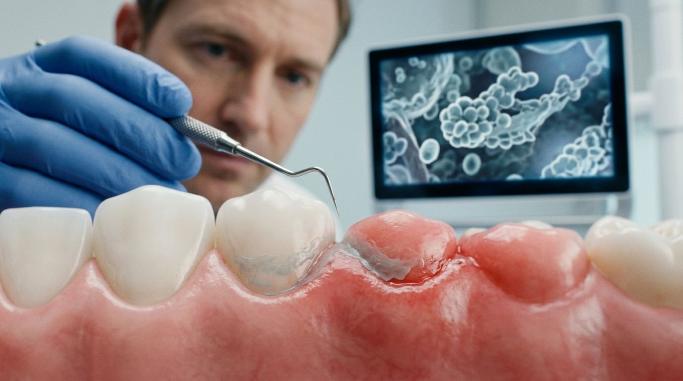 A dentist wearing blue gloves uses a dental tool to examine irritated, inflamed gums near healthy teeth.