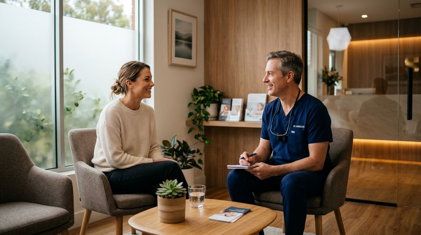 A friendly dental professional sitting in an office chair and consulting with a female patient in clinic.