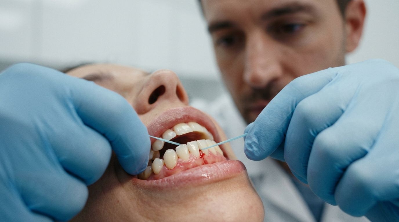 A dentist uses dental floss to clean between a patient's teeth during a checkup in a clinic.