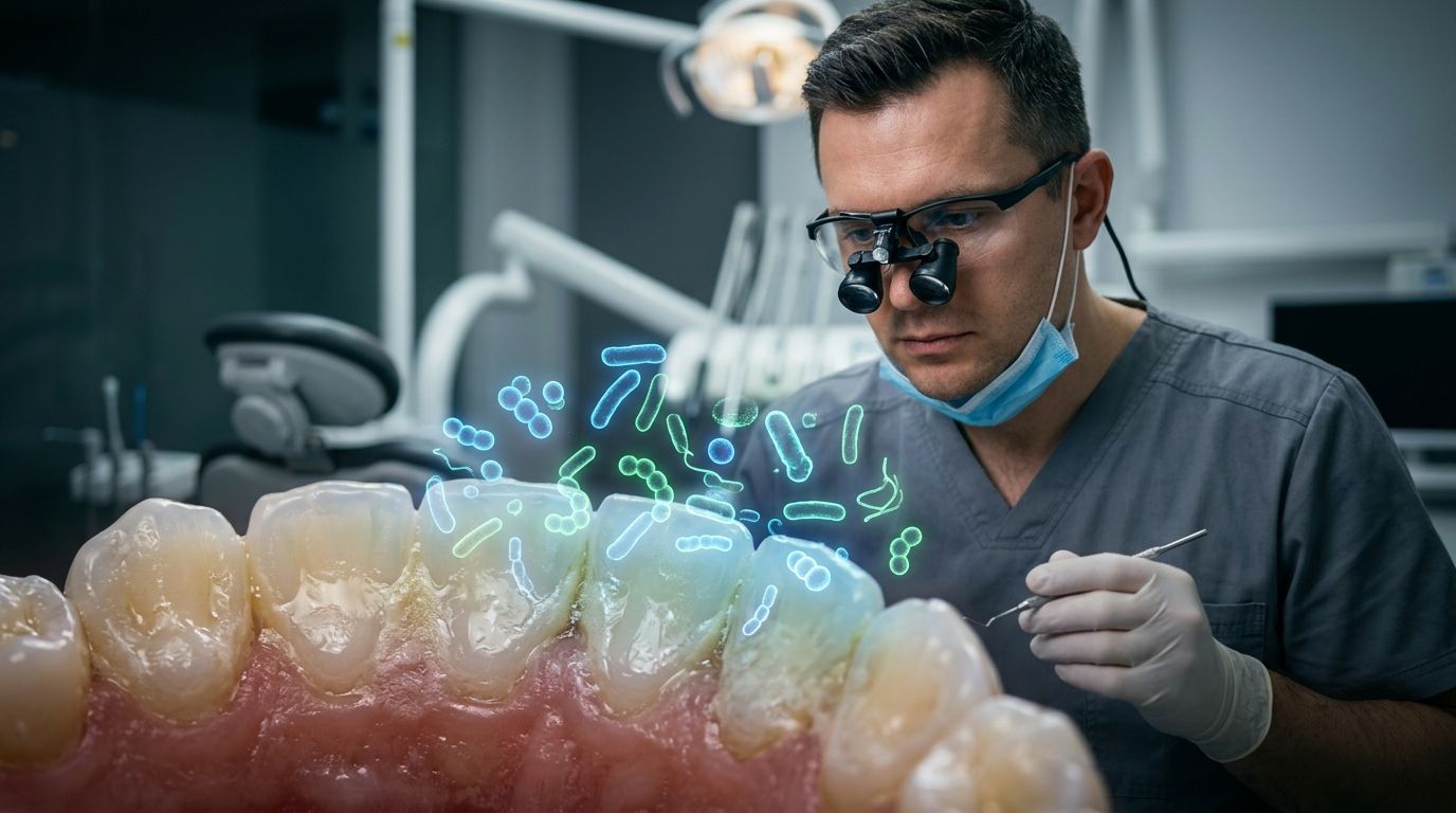 A dentist wearing magnifying loupes examines a human mouth model showing bacterial buildup on tooth enamel.