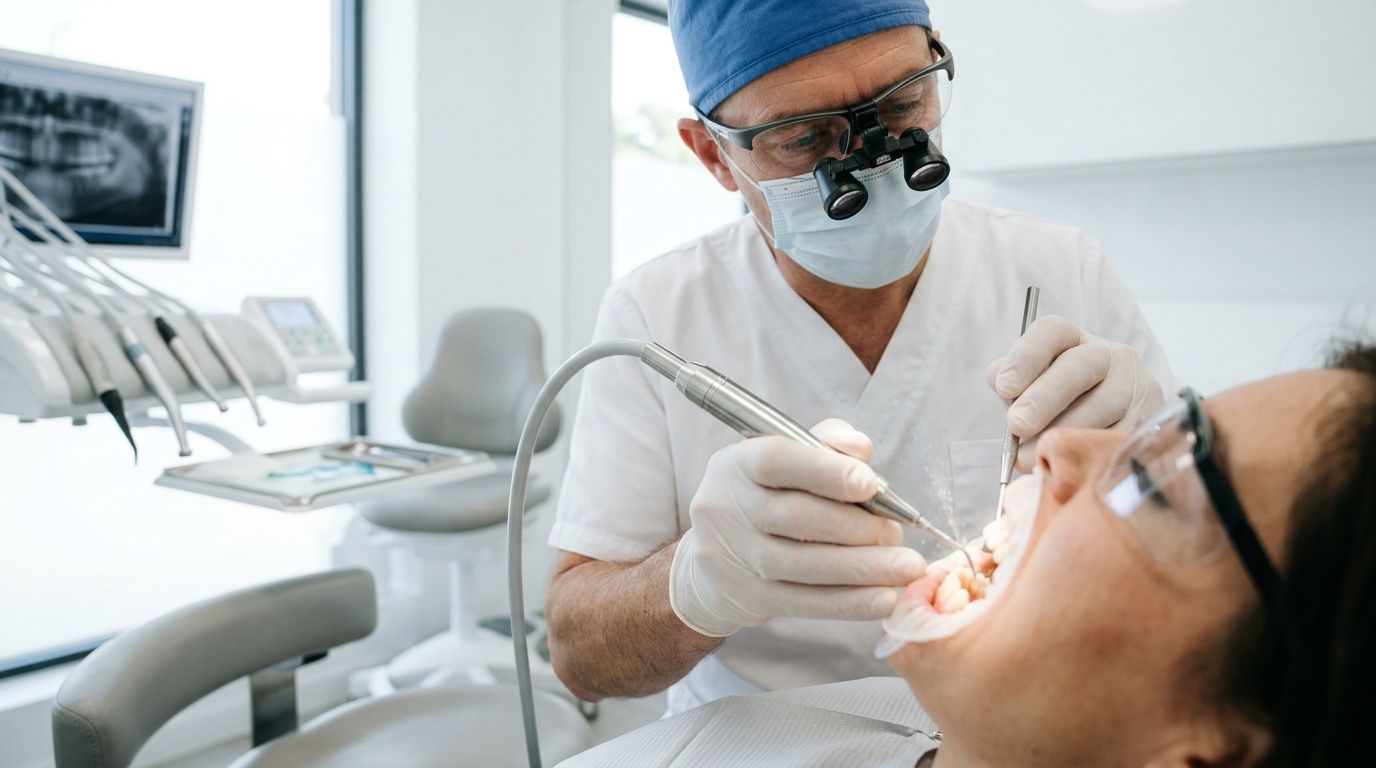A professional dentist performing a dental cleaning procedure on a patient in a modern dental office.