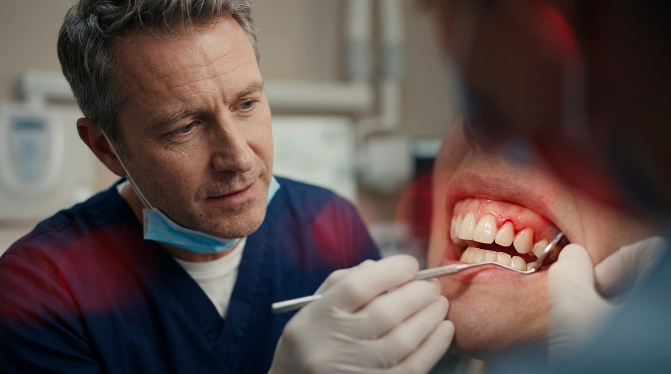 A professional dentist examining a patient's inflamed gums and teeth with a dental mirror in a clinic.