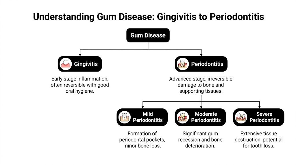 A flowchart diagram explaining the stages of gum disease from gingivitis to various levels of periodontitis.