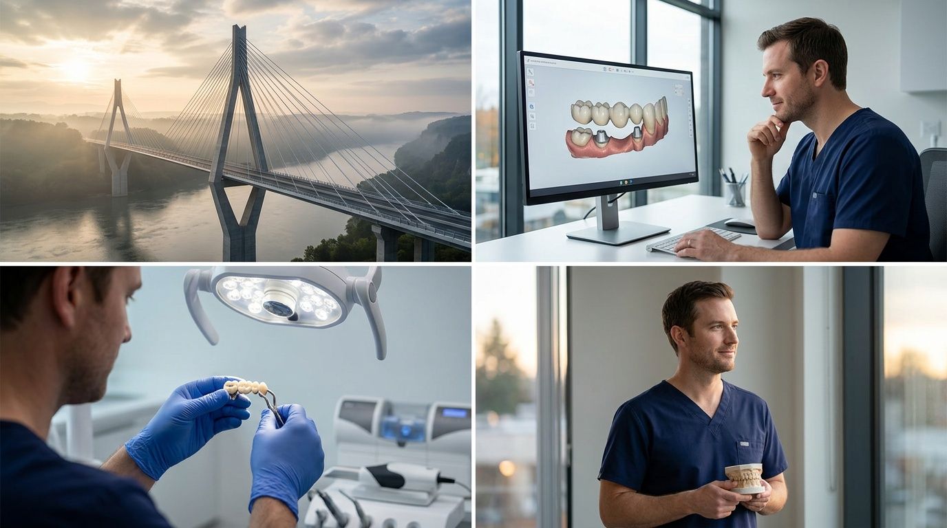 A professional dentist designing and examining dental bridges in a modern clinic with digital technology.