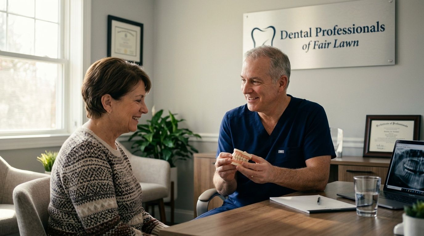 A professional dentist consults with a female patient while holding a dental model in a clinic.