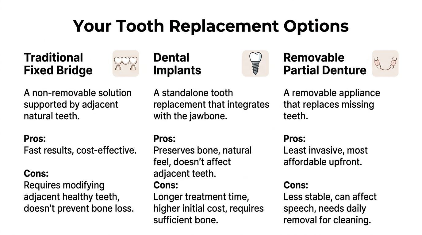 A comparison chart outlining the pros and cons of traditional fixed bridges, dental implants, and partial dentures.