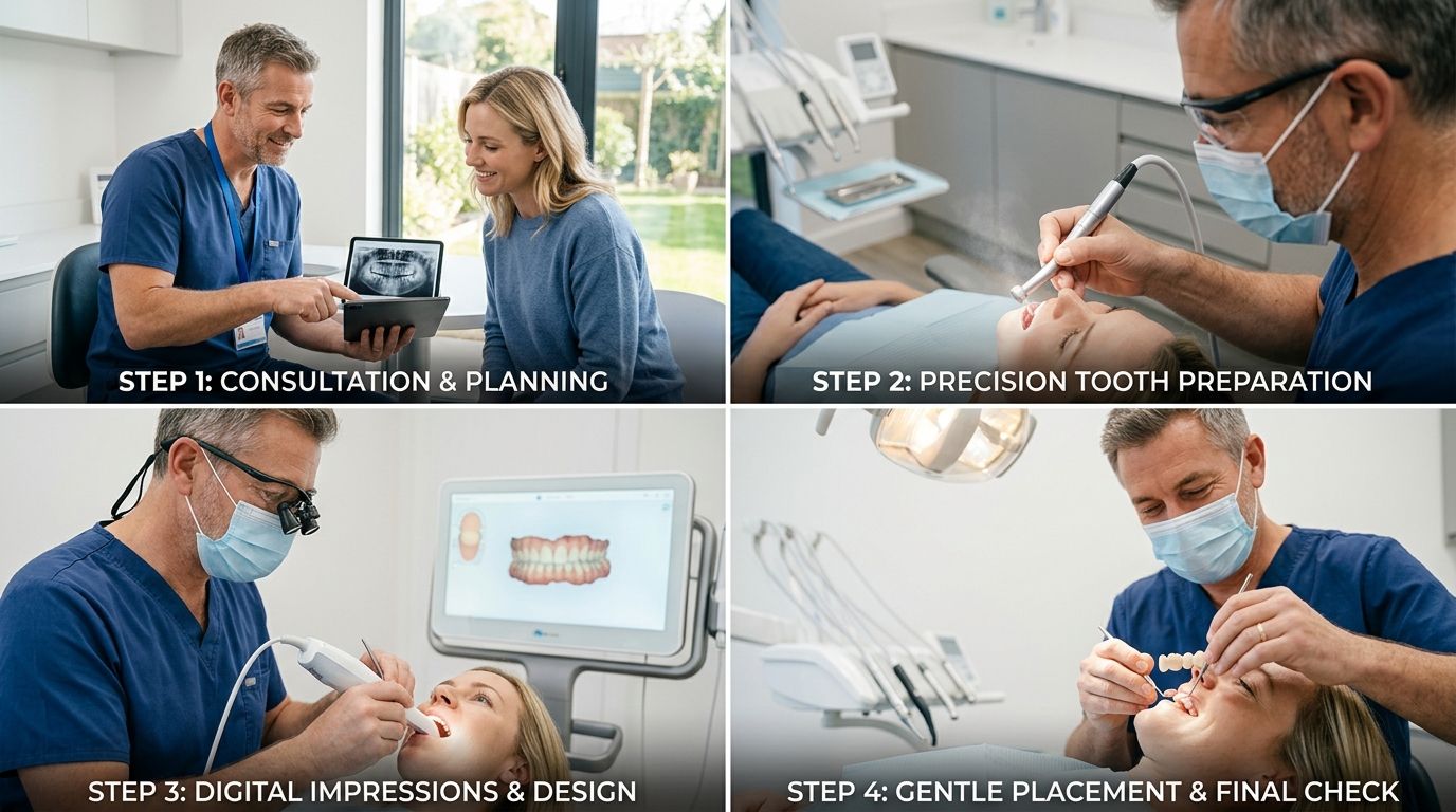 A four-step dental procedure showing a dentist consulting and treating a patient for a traditional fixed bridge.