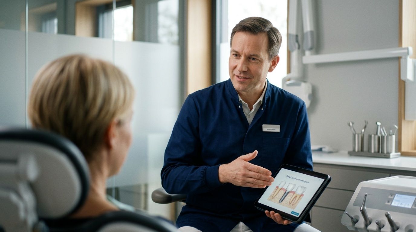 A professional dentist discussing a dental implant procedure with a female patient using a digital tablet display.