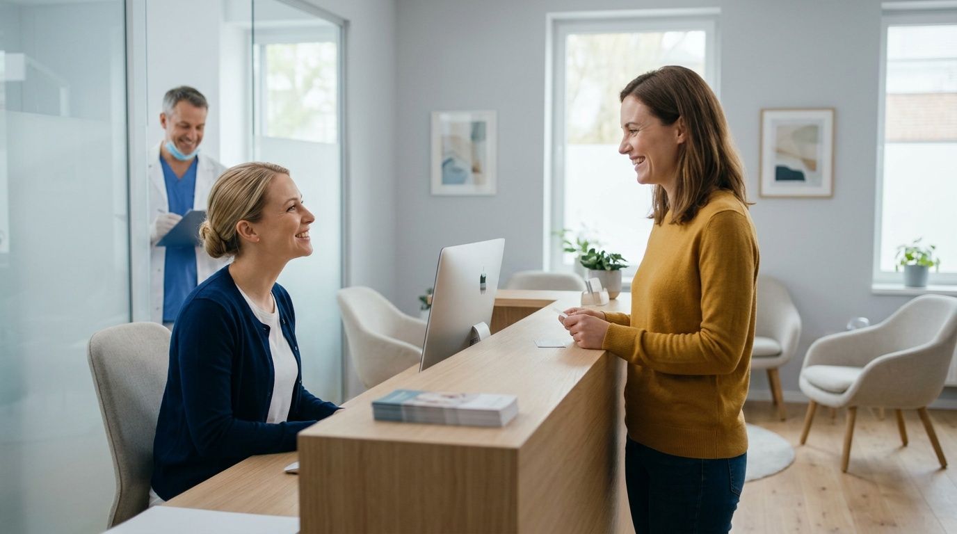 A friendly receptionist interacts with a patient at the front desk of a modern dental clinic.