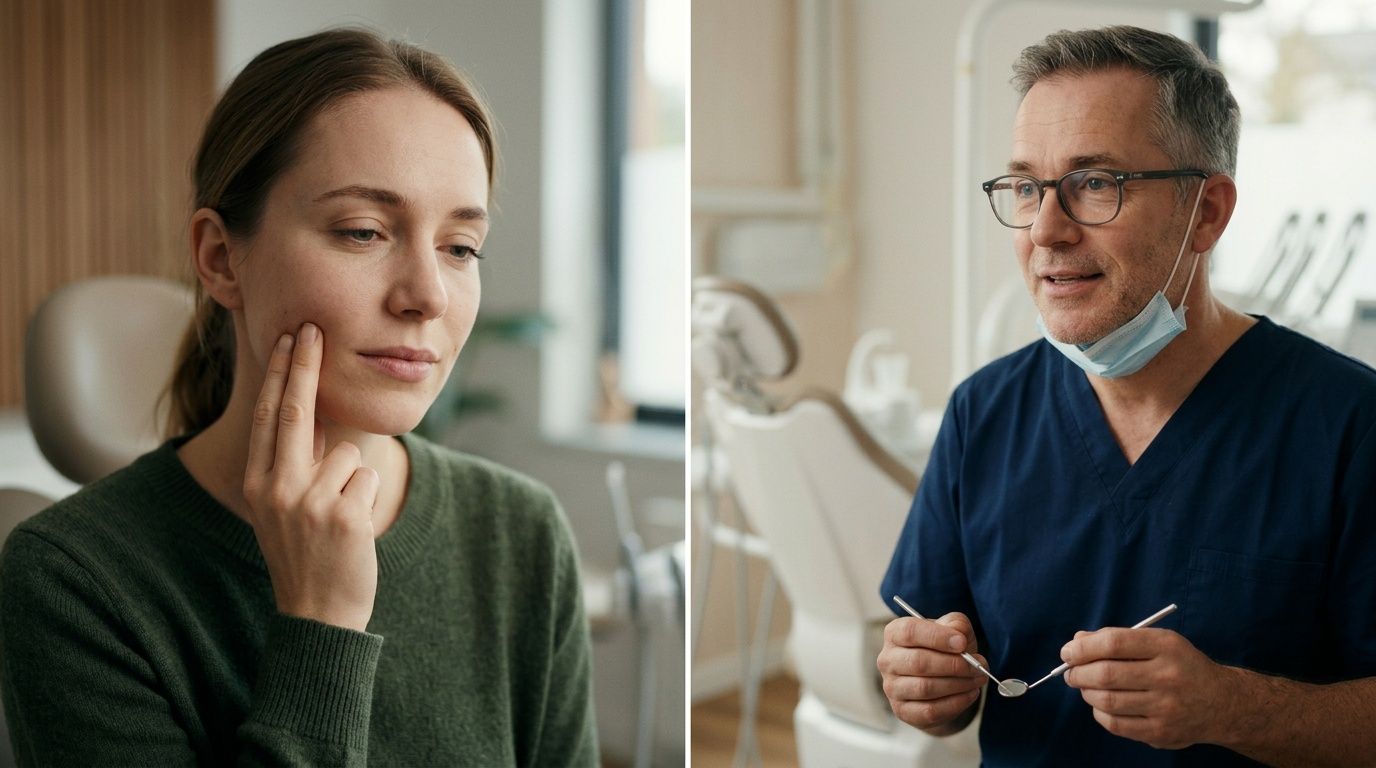 A concerned patient points to her cheek while consulting with a professional dentist in a modern office.