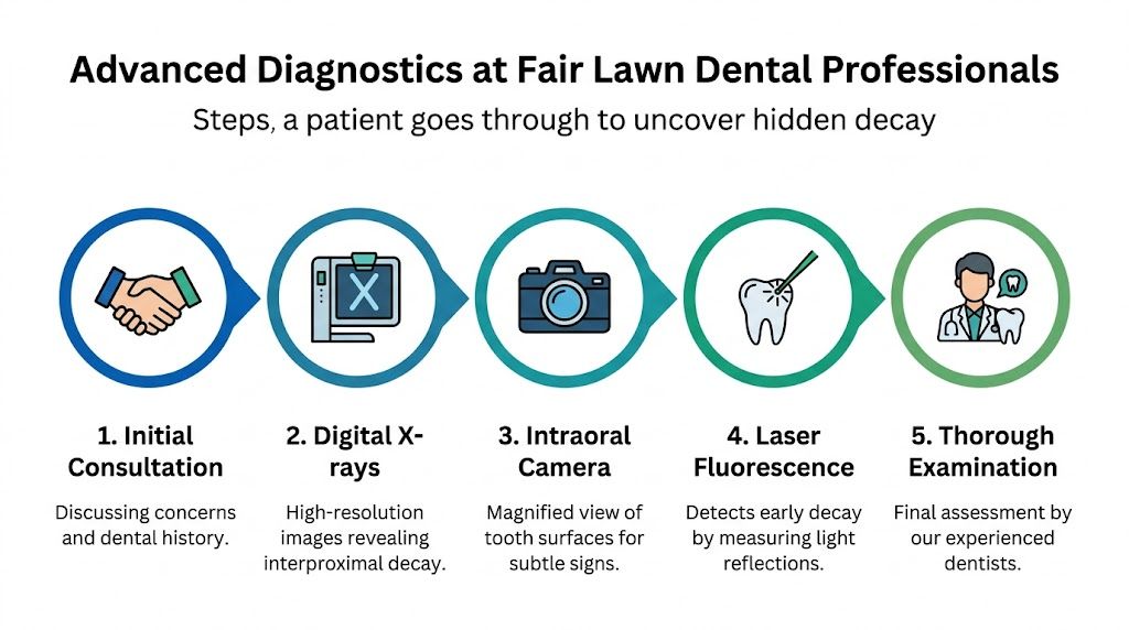 A flowchart showing five steps for uncovering hidden tooth decay at Fair Lawn Dental Professionals.