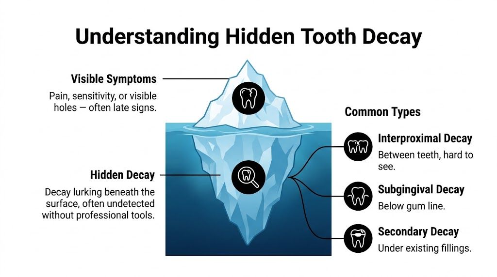 An infographic showing an iceberg analogy to explain how hidden tooth decay lurks beneath the surface.