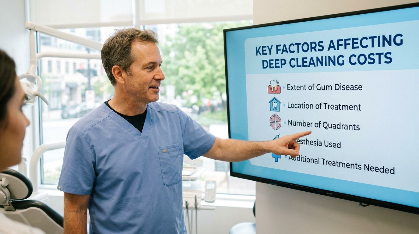 A dentist explains factors affecting deep cleaning costs to a patient using a digital display screen.