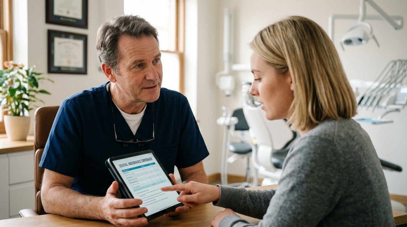 A dentist explaining dental insurance coverage on a tablet screen to his patient in an office.