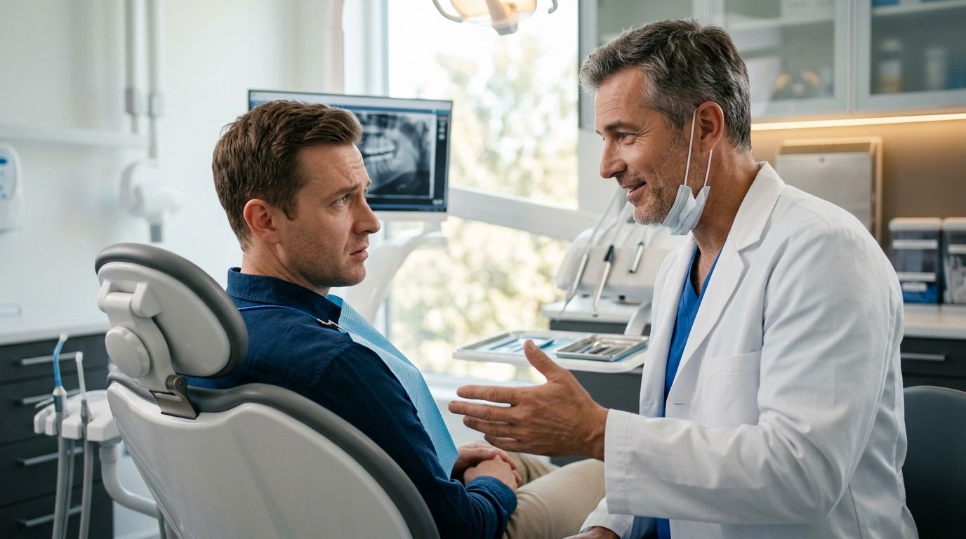 A male dentist in a white coat talks to his concerned patient sitting in a dental chair