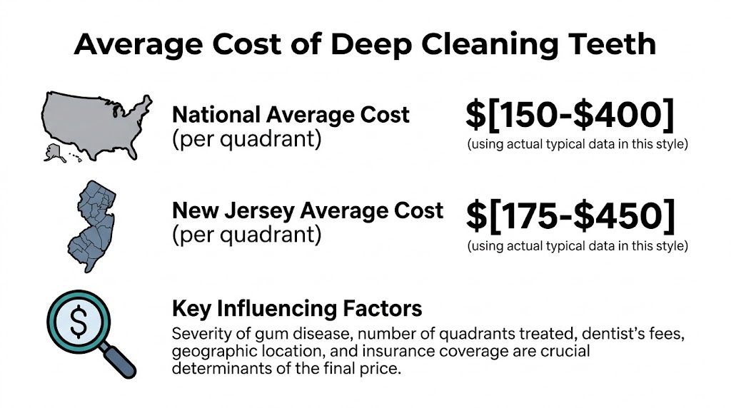 A graphic showing the average cost of dental deep cleaning per quadrant in the US and New Jersey.