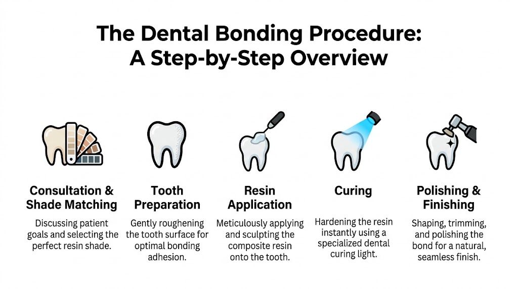 A step-by-step infographic illustrating the dental bonding process from consultation to polishing and finishing.