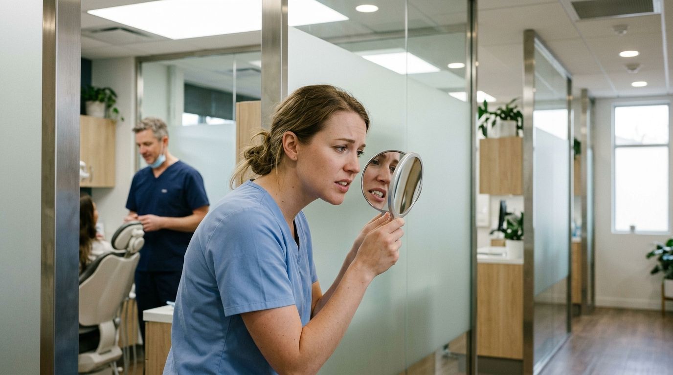 A concerned woman in dental scrubs examining her teeth in a small hand mirror in a clinic.