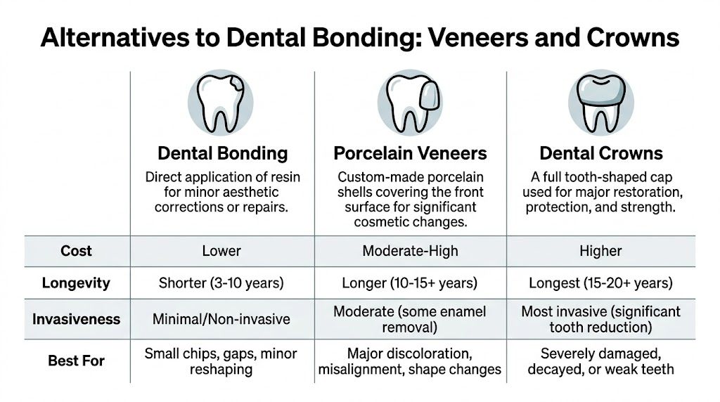 A comparison chart outlining the differences between dental bonding, porcelain veneers, and dental crowns for restoration.