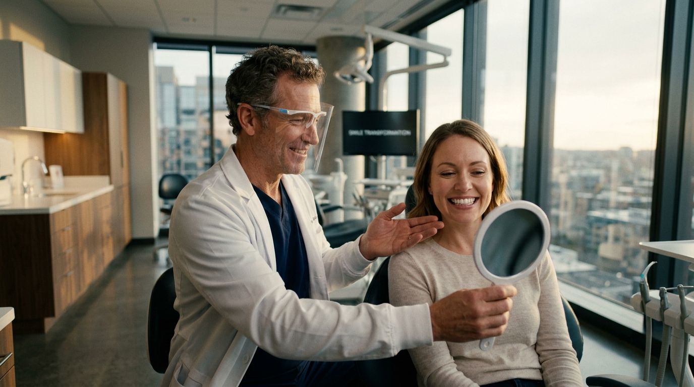 A dentist shows a smiling patient her reflection in a hand mirror during a clinical consultation.