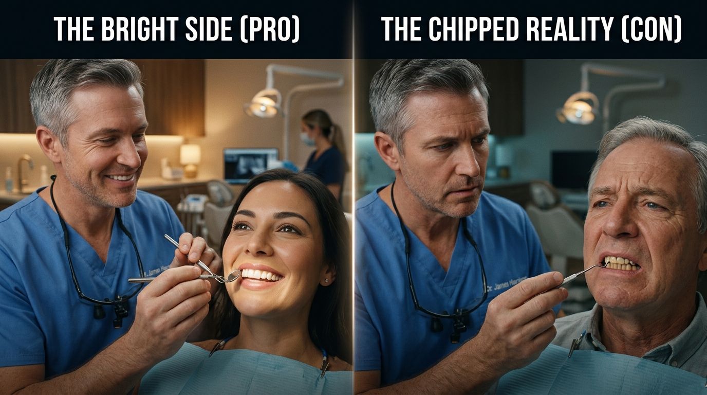 A split image showing a dentist examining a smiling woman's healthy teeth versus an older man's chipped teeth.
