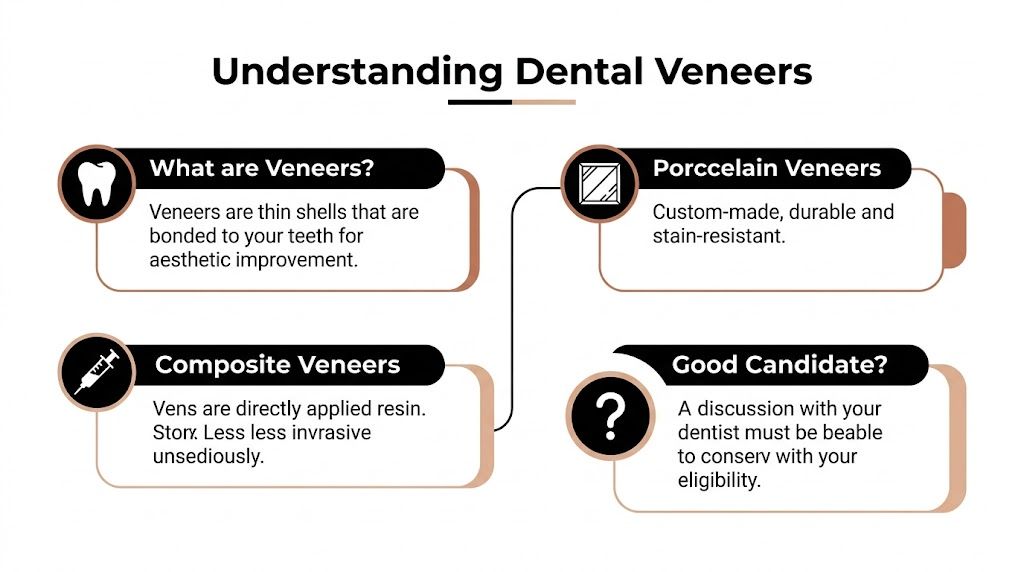 An infographic titled Understanding Dental Veneers detailing types of veneers, their benefits, and dental eligibility.