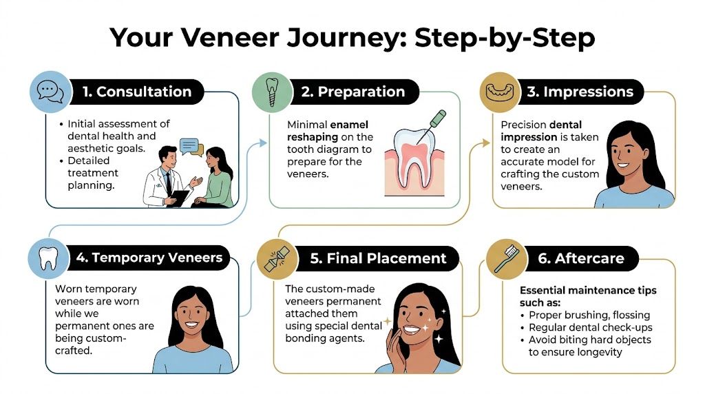 An infographic illustrating the six-step process for getting dental veneers, from consultation to final aftercare maintenance.