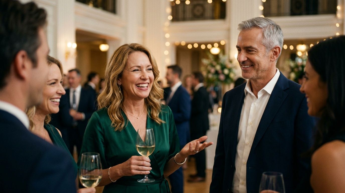 A group of elegant professionals socialize and smile while holding wine glasses at a sophisticated evening reception.