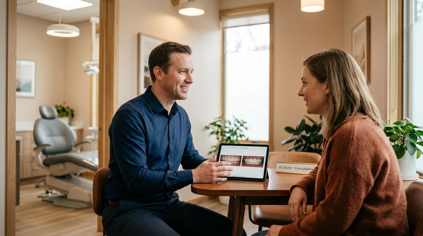 A male dentist consulting with a female patient about dental veneers using a digital tablet display.